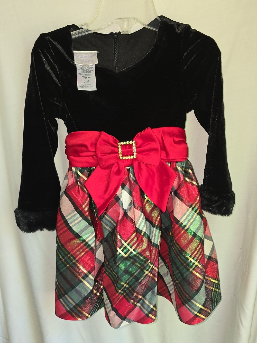 iris & ivy Black Velvet Top with Red Bow and Plaid Skirt